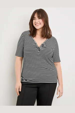 Gerry Weber SAMOON Damski Koszulka henley w prążki 68cm Półrękawek w serek, W paski