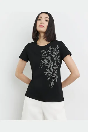 Gerry Weber TAIFUN Damski Bawełniana koszulka z nadrukiem 62cm krótkie Okrągły, Jednokolorowy