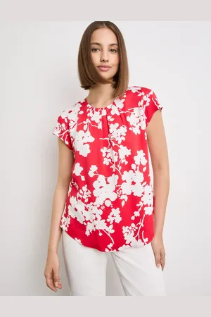 Gerry Weber TAIFUN Damski Bluzka z krótkim rękawem i kwiatowym nadrukiem 62cm krótkie Okrągły dekolt z marszczeniem, Wzorzysty