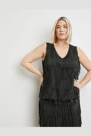 Gerry Weber SAMOON Damski Top z frędzlami 64cm Bez rękawów w serek, Jednokolorowy