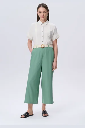 greenpoint Zielone spodnie wiskozowo-lniane typu culotte