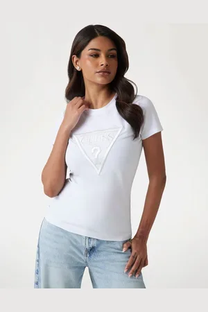 Guess W T-Shirt Z Trójkątnym Logo Z Cyrkoniami