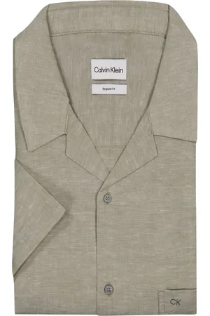 Calvin Klein Duże Rozmiary - - Koszula z krótkim rękawem, kołnierzem typu resort i domieszką lnu, regular fit
