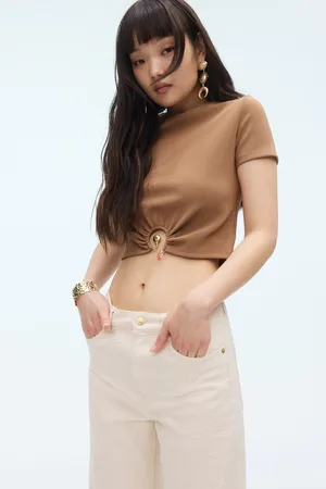 H&M T-shirt w prążki z koralikowym detalem