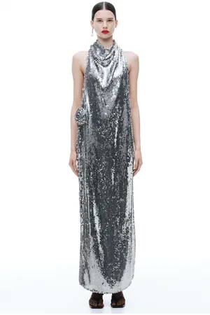 H&M Cekinowa sukienka maxi z aplikacją róży