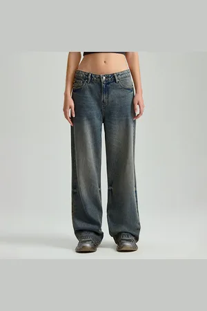 House Granatowe jeansy wide leg mid waist