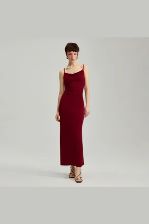 House Bordowa sukienka maxi bodycone z kaskadowym dekoltem