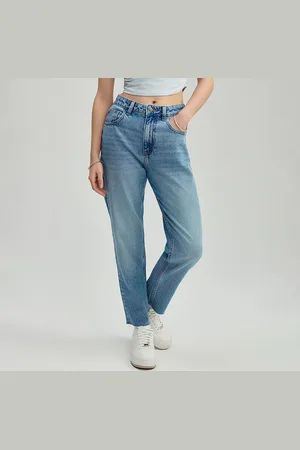 House Niebieskie jeansy mom fit cropped z efektem sprania