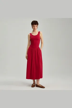 House Czerwona sukienka midi fit&flare z kieszeniami