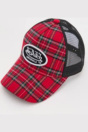 House Czerwona czapka z daszkiem trucker hat w kratkę z haftem Von Dutch