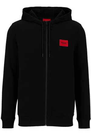 HUGO BOSS Zapinana na zamek bluza z kapturem z bawełnianej tkaniny frotte z naszywką z logo