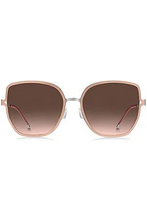 HUGO BOSS Okulary przeciwsłoneczne z ramką w kolorze cielistym z zausznikami o rozwidlonej konstrukcji oraz łańcuszkiem z logo
