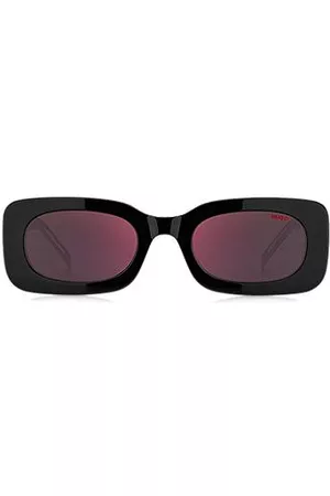 HUGO BOSS Okulary przeciwsłoneczne z czerwono-czarnego acetatu z odpinanym paskiem ze sloganem