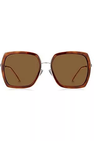 HUGO BOSS Kanciaste okulary przeciwsłoneczne z oprawkami z motywem Havana i charakterystycznym metalowym detalem