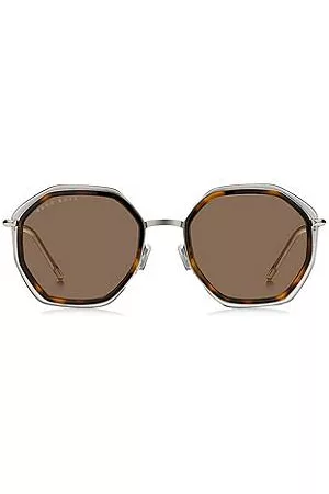 HUGO BOSS Kanciaste okulary przeciwsłoneczne z acetatu z motywem Havana z brązowymi soczewkami