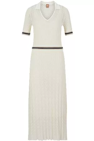HUGO BOSS Kobieta Długie - Cotton-blend knitted dress with striped trims