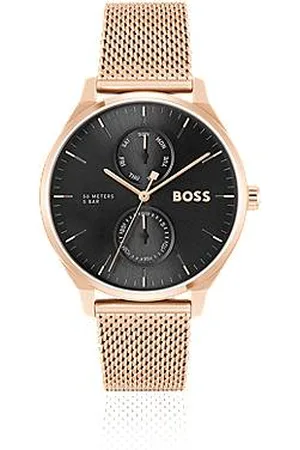 HUGO BOSS Zegarek z czarną tarczą i goździkową bransoletą z siatki w kolorze złotym