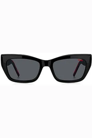 HUGO BOSS Okulary przeciwsłoneczne z czarnego octanu z warstwowymi zausznikami w charakterystycznym czerwonym kolorze