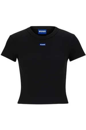 HUGO BOSS Koszulka z bawełny ze stretchem o wąskim kroju ozdobiona niebieską etykietą z logo