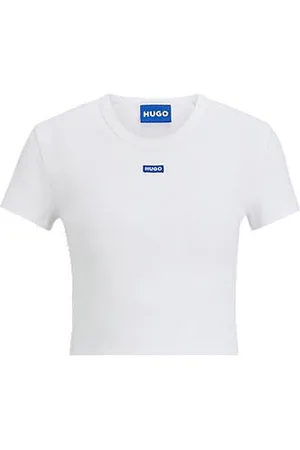 HUGO BOSS Koszulka z bawełny ze stretchem o wąskim kroju ozdobiona niebieską etykietą z logo