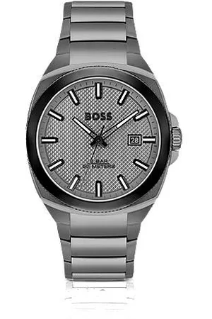 HUGO BOSS Zegarek z szarą bransoletą z ogniw i stonowaną giloszowaną tarczą