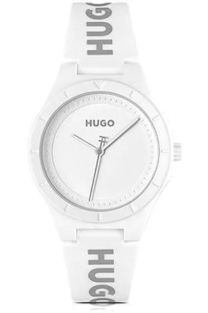 HUGO BOSS Zegarek z markowym silikonowym paskiem i matową białą tarczą.