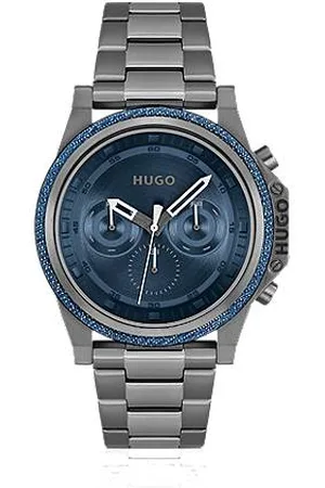 HUGO BOSS Zegarek z bransoletą z ogniw z niebieską tarczą i pierścieniem z denimu