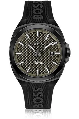 HUGO BOSS Zegarek z oliwkową giloszowaną tarczą i silikonowym paskiem z logo