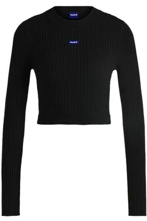 HUGO BOSS Sweter o skróconym kroju z niebieską etykietą z logo