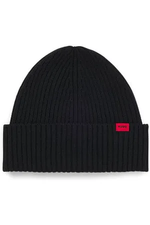 HUGO BOSS Prążkowana czapka z wełny dziewiczej z naszywką z logo