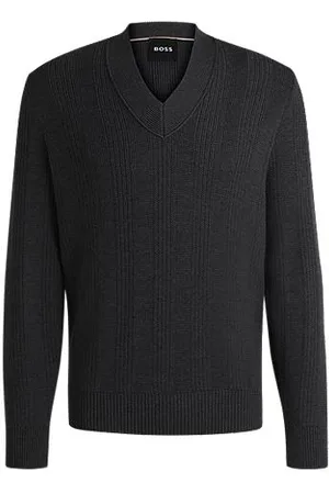HUGO BOSS Sweter z wełny dziewiczej o mieszanej strukturze z dekoltem w serek
