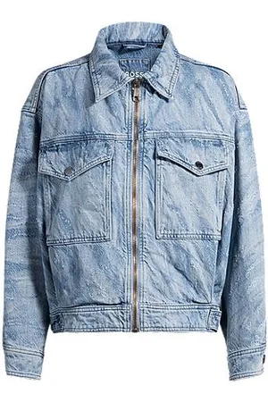 HUGO BOSS Jeansowa kurtka bomberka o kroju oversize z niebieskiego postarzanego denimu