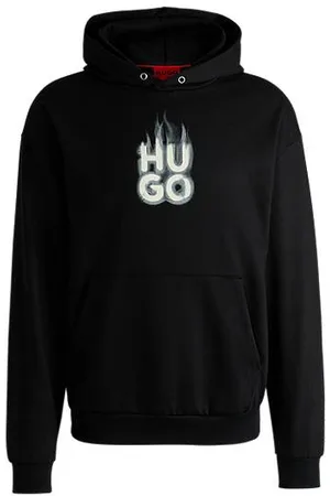 HUGO BOSS Bluza z kapturem z bawełny frotté z nadrukiem z pionowym „płonącym” logo