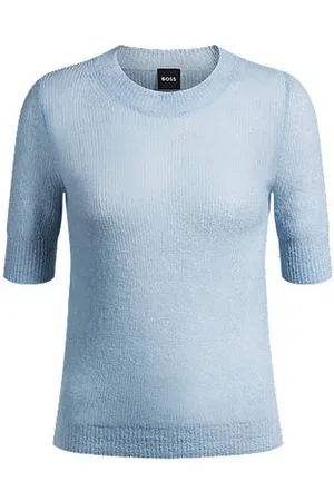 HUGO BOSS Dzianinowy sweter z teksturowanej mieszanki wełny ze skróconymi rękawami