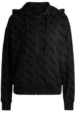 HUGO BOSS Dżersejowa bluza z kapturem i zamkiem ozdobiona flokowanym nadrukiem z logo