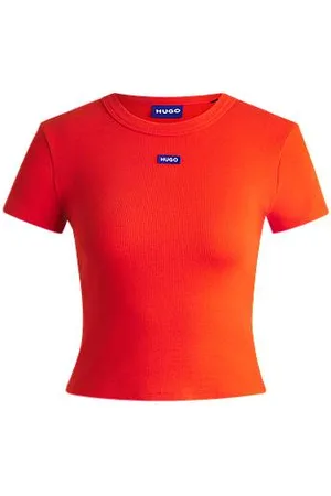 HUGO BOSS Koszulka z bawełny ze stretchem o wąskim kroju ozdobiona niebieską etykietą z logo