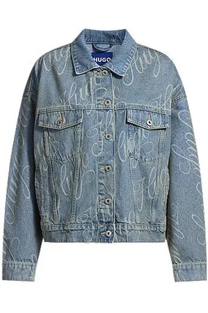 HUGO BOSS Kurtka o pudełkowym kroju ze sztywnego denimu z nadrukowanym logo