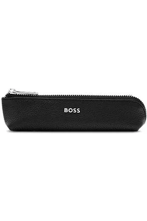 HUGO BOSS Czarne etui na długopisy z ziarnistej skóry z literowym logo