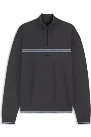 HUGO BOSS Sweter z mieszanki bawełny z dekoltem na zamek i pasiastymi detalami