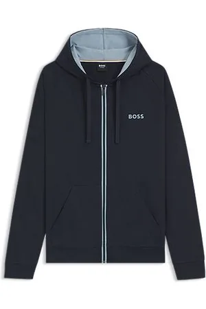 HUGO BOSS Zapinana na zamek bluza z kapturem z bawełny frotté z kontrastowymi detalami