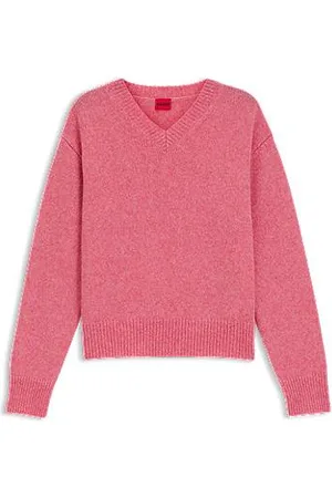HUGO BOSS Sweter z dekoltem w serek wykonany z mieszanki wełny i ozdobiony detalem z logo