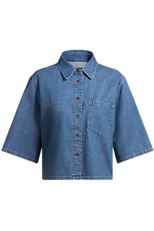 HUGO BOSS Bluzka o swobodnym kroju z niebieskiego denimu z wykończeniem selvedge