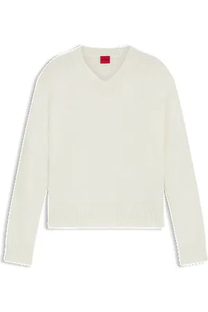 HUGO BOSS Sweter z dekoltem w serek wykonany z mieszanki wełny i ozdobiony detalem z logo