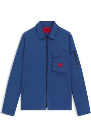 HUGO BOSS Zapinana na zamek koszula wierzchnia z płóciennego materiału z mieszanki bawełny ozdobiona logo