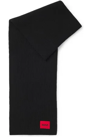 HUGO BOSS Wełniany szalik o prążkowanej strukturze ozdobiony czerwoną etykietką z logo