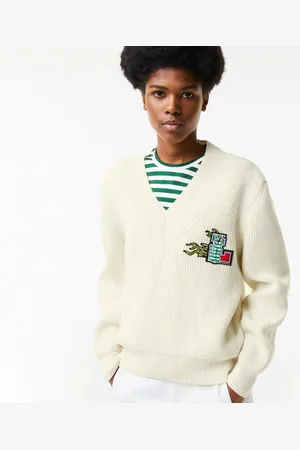 Lacoste Damski wełniany sweter świąteczny z dekoltem w kształcie litery V