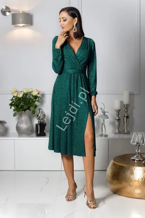 Lejdi Zielona brokatowa sukienka Plus Size z długim rękawem, wyszczuplająca sukienka Midi Salma
