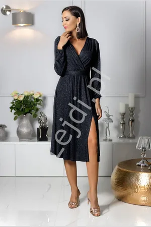 Lejdi Czarna brokatowa sukienka Plus Size z długim rękawem, wyszczuplająca sukienka Midi Salma