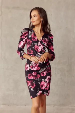 Lejdi Sukienka w kwiaty City Blooms czarna różowe róże 0329