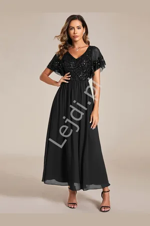 Lejdi Czarna elegancka sukienka midi z cekinowym zdobieniem 1583